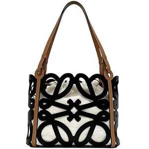 Loewe Anagram Cutout Tote Bag Black Brown Leather Drawstring Shoulder Inner